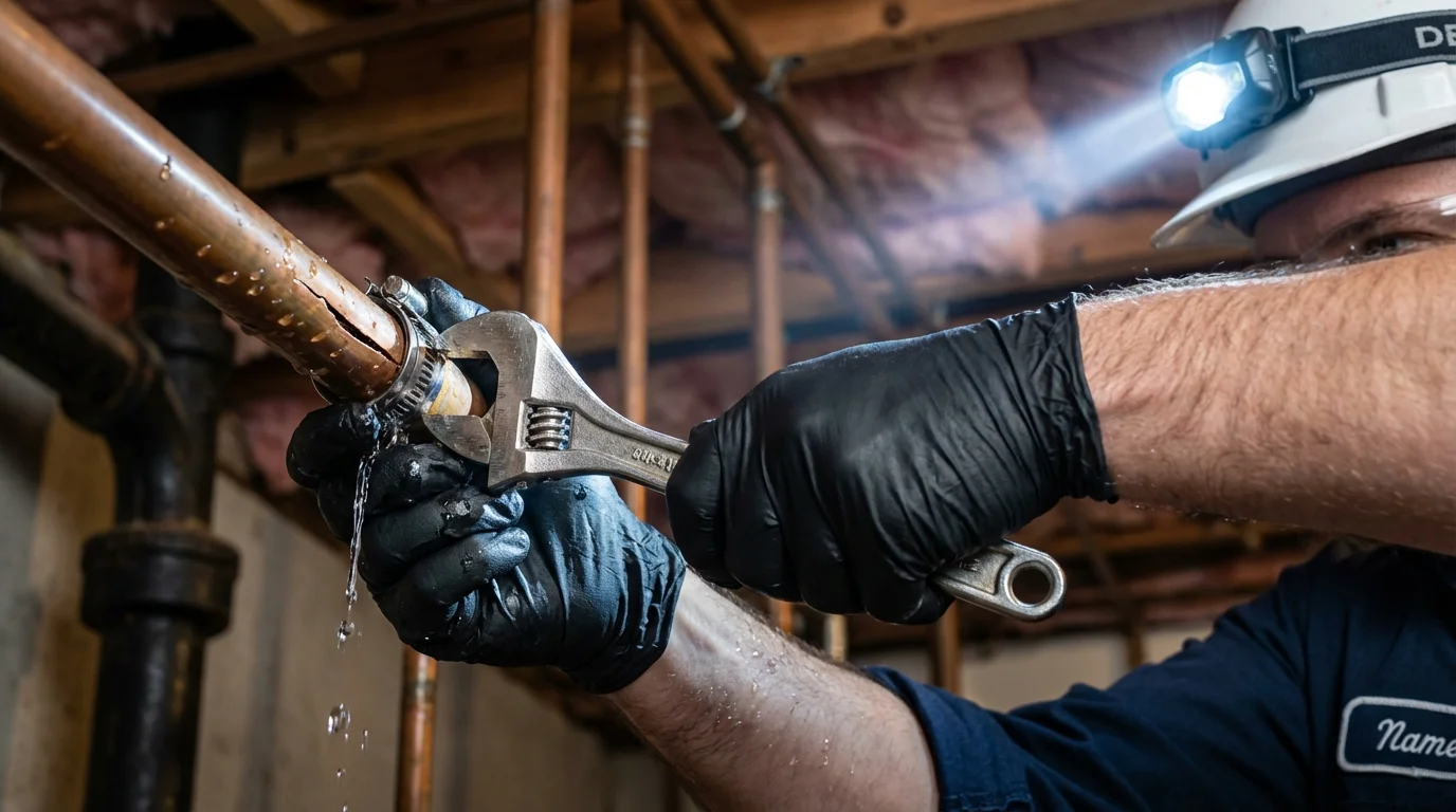 Emergency pipe clamp repair being performed by a Johns Plumbing LLC plumber in Chiefland