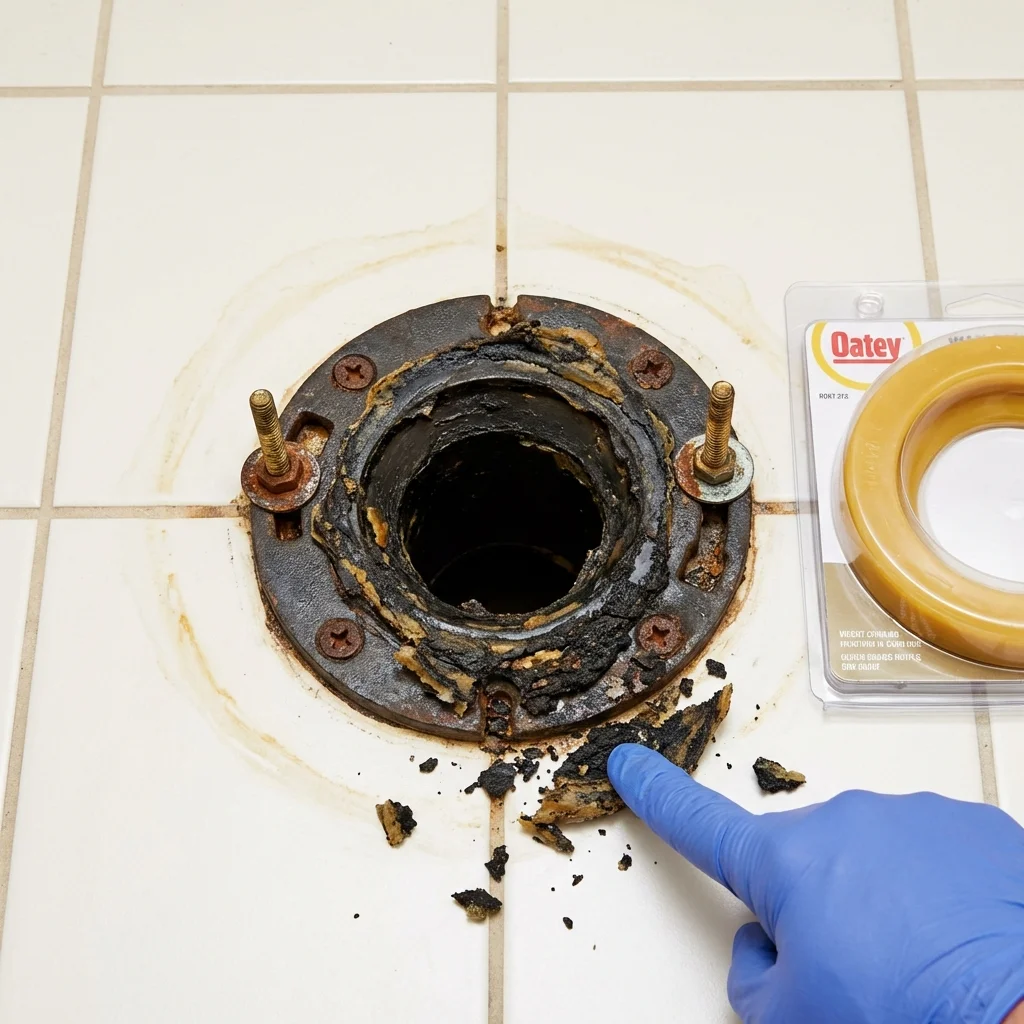 Failed wax ring showing water seepage at the base of a toilet in a Chiefland, FL home